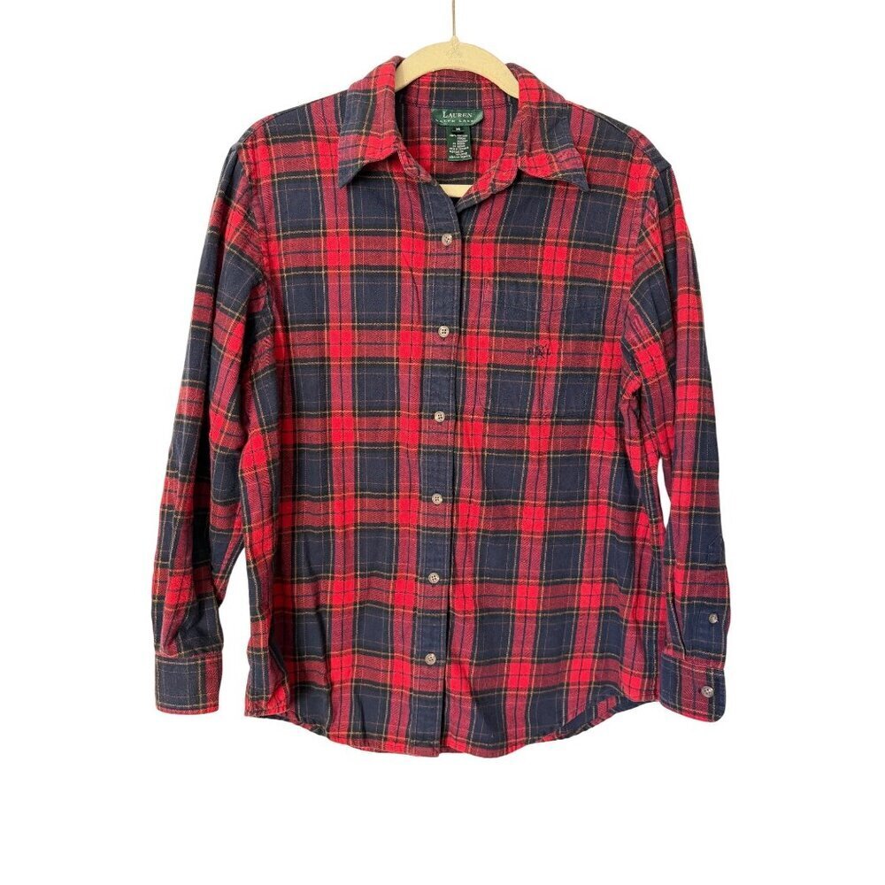 Lauren Ralph Lauren Womens Red & Navy Plaid Cotton Button-Up Shirt Size M